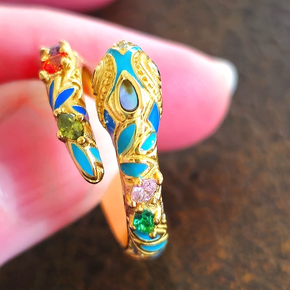 18KT GOLD/925 STERLING SILVER TURQUOISE DIAMOND EMERALD SNAKE ADJUSTABLE RING - Picture 11 of 16